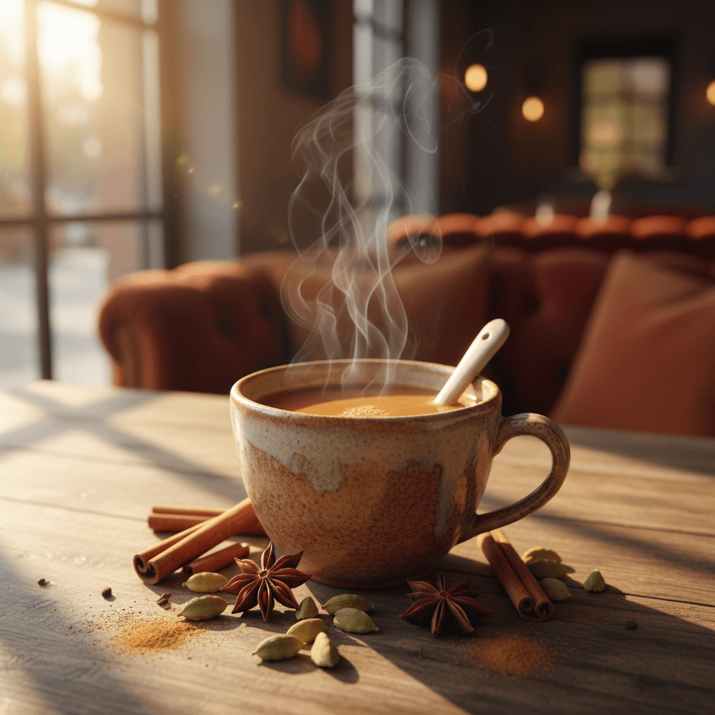 Close-up of steaming spiced tea in ceramic cup with scattered cinnamon sticks and cardamom pods on wooden table Close-up of steaming spiced tea in ceramic cup with scattered cinnamon sticks and cardamom pods on wooden table
